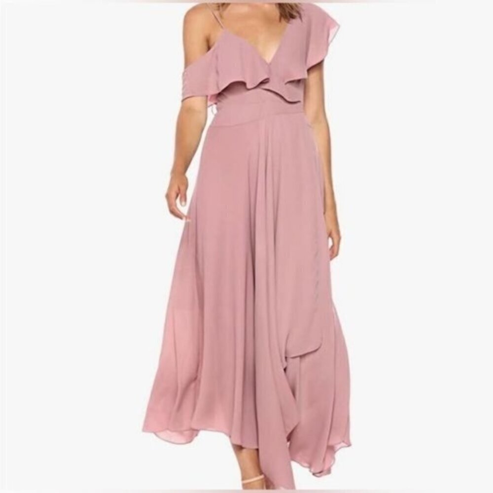 Likely X Revolve Size 0 Nostalgia Rose Pink One Shoulder Ruffle Wrap Gown $298